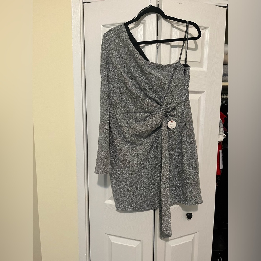 One shoulder glitter drape mini dress